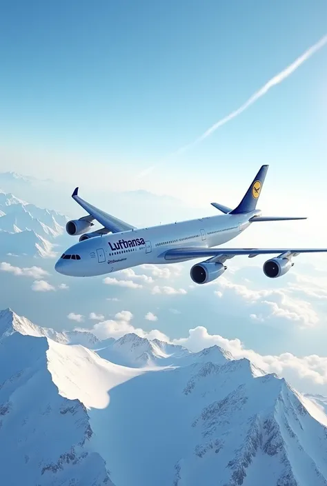 A Lufthansa A340 flying over a snowy landscape