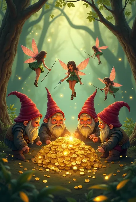 Gnomes hungry for gold and protected by armed fairies 