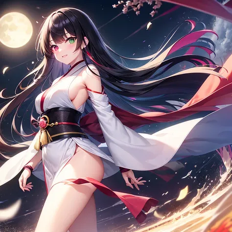 (Highest quality),1 adult female、(heterochromia)、(Red Eye)、(Green Eyes)、smile、blush、Long black hair、Small breasts、White and purple kimono、(Two moons:1.1)、akatsuki、Qingyue、Dynamic Angle、Perfect Anatomy、Perfect hands、Perfect legs