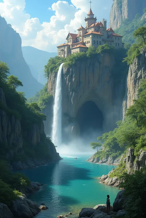 no human, no people, 

city,
cliff,
waterfall,
lake,
cave,
