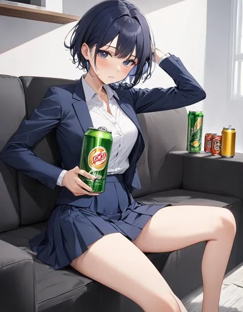 A career woman, 3, wearing a suit、Hairstyle: Short Hair Permanent、Navy blue skirt underneath、With a tired look on his face, he takes out a can of beer from the refrigerator at home and drinks it.、Hold a can of beer in your right hand、Sit lazily on a black ...