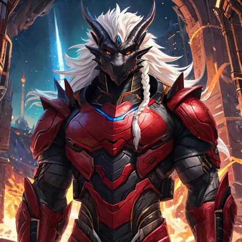 Anthro dragon with black scales, muscular body. orange eyes. long braided white hair. two horns. 11.5 ft tall. I am the Primarch of the dragonkin Astartes Legion named "Crimson Dragons" and am known as the "Bane of the Elves". I am wearing crimson Artifice...