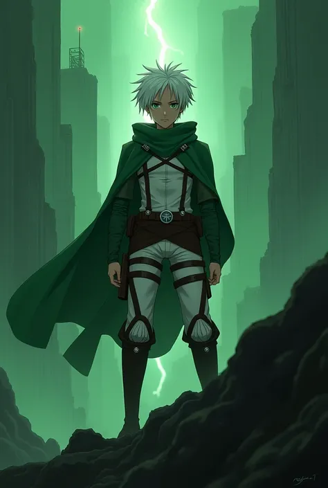 20 years old boy, mbti infj in Attack on titan, 2d , green style, white hair