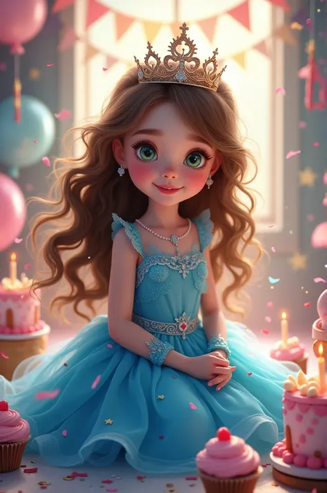 A beautiful five year old, brown hair and green eyes, blue princess dress, party scenario