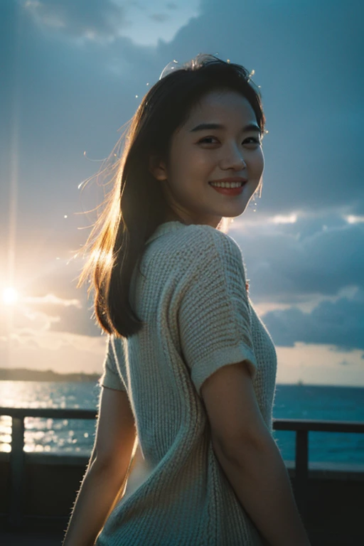 Highest quality,masterpiece,Ultra-high resolution,(Reality:1.4),Original photo,Cinema Lighting,
One girl,smile,Backlighting,Ocean,