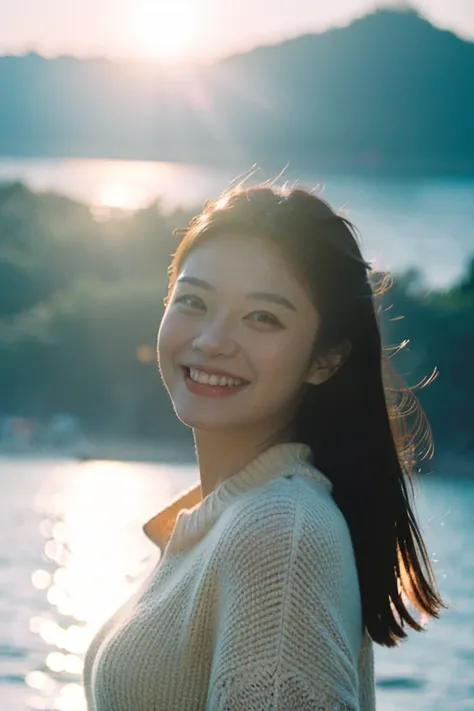 Highest quality,masterpiece,Ultra-high resolution,(Reality:1.4),Original photo,Cinema Lighting,
One girl,smile,Backlighting,Ocean,