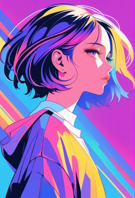 ((illustrator)), flat color, anime style, sketch, 1girl, shiny lip, jersey wear, order, very modern stylish asymmetry hair, purple ((gradient)) background, neon hair, textured crop, (masterpiece, best quality), portrait, ((dynamic angle)),close up girl, lo...