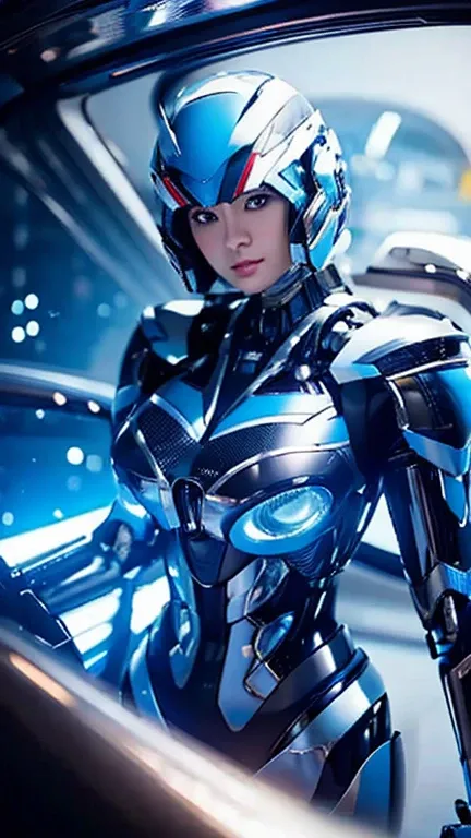 Wide-angle shot, 1 female, Mecha, Glowing blue-black eyes, Very cute face, (Realistic:1.37), バイオMechaニカル, Spaceship interior bokeh background, Ultra-realistic, Very detailed, Very intricate details, Beautiful woman in focus