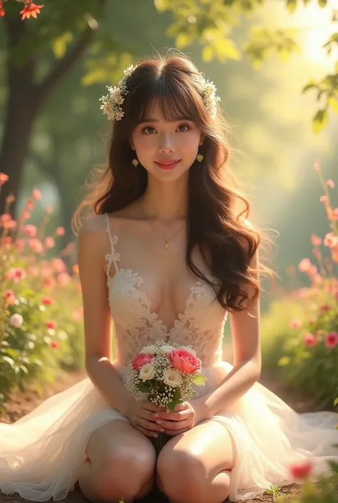 Best Quality, Masterpiece, Beautiful young woman with wavy long hair, Hairstyle with bangs, Wedding dress, ((Age20)), see-through, Round face, Glowing lip gloss, Droopy eyes, A clear double, Light reflects in the eyes, Natural makeup, Sunlight filtering th...