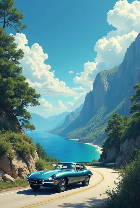 there is a painting of a car parked on the side of the road, rob rey and kentaro miura style, rob rey and kentarõ miura style, kentaro miura art, by Kentaro Miura, ross tran. scenic background, scenery artwork, by sylvain sarrailh, blue sea. by makoto shin...