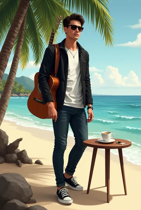 A handsome young Indonesian man wearing a black jacket, white t-shirt, black jeans, black and white casual shoes carrying a guitar, next to it there is a table with coffee and cigarettes on it on the edge of a wavy beach surrounded by coconut trees 