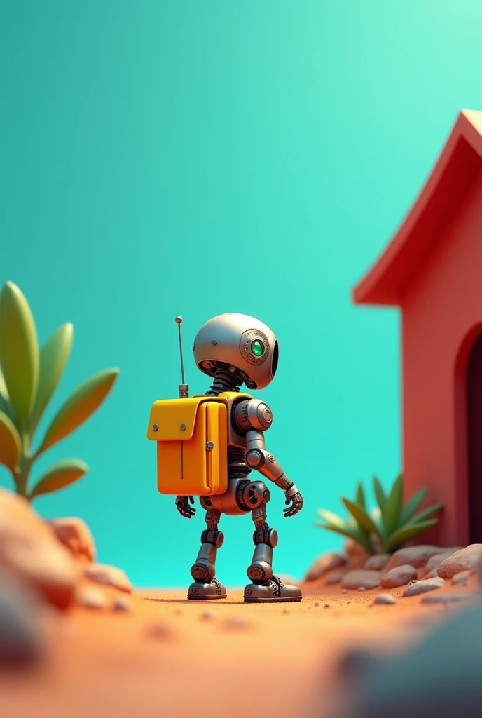 A robot in the center animated with a turquoise background, a reddish house on the right side, an olive plant on the left side, a backpack with yellow notebooks