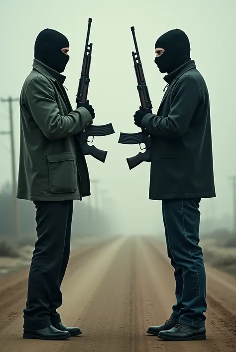 Two men stand in front of each other with rifles and a distance of 10 feet between them and they cover their faces with masks