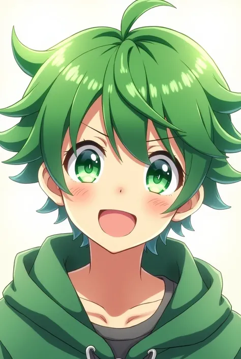 Green haired anime guy, cheerful, green eyes