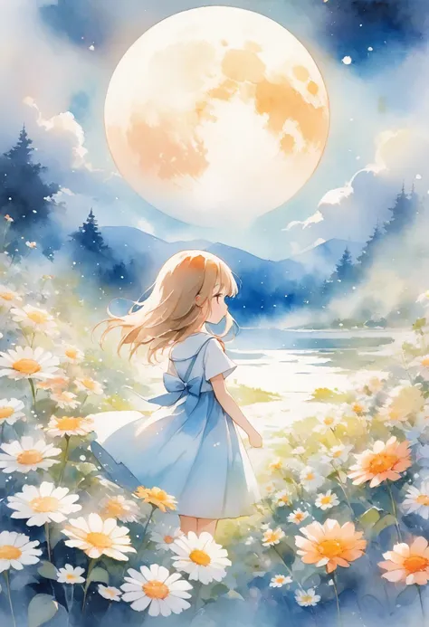 A refreshing and original full moon and white flowers々Background of anime-style illustrations with the theme of girls。 Adding simplicity and melancholy to the mysterious、Watercolor atmosphere。