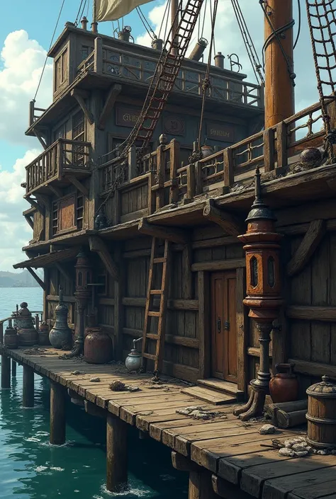 The carpenter&#39;s workshop and the armory of an old pirate ship, seen from outside the ship
