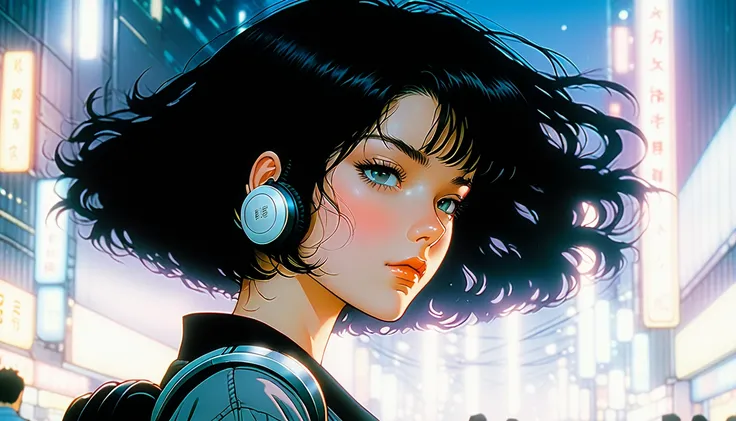 Detailed and detailed depiction, cel style, vivid details, retro anime, 90s anime, VHS picture quality, moody lighting, girl in the twilight of the night city of Tokyo, the girl wears headphones, eyes closed, beautiful black hair with short hair