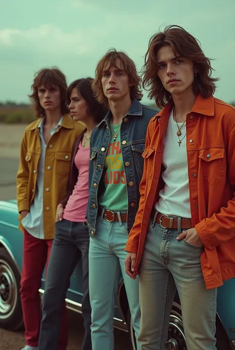 4 young mens with long hair , 80s outfit fashion style,indie style , retro style , vintage style, 80s style, background  60s car, no glasses, the Beatles, led zeppelin, black sabbath,80s style, 