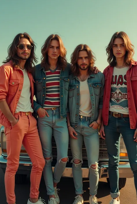 4 young mens with long hair , 80s outfit fashion style,indie style , retro style , vintage style, 80s style, background  60s car, no glasses, the Beatles, led zeppelin, black sabbath,80s style, 