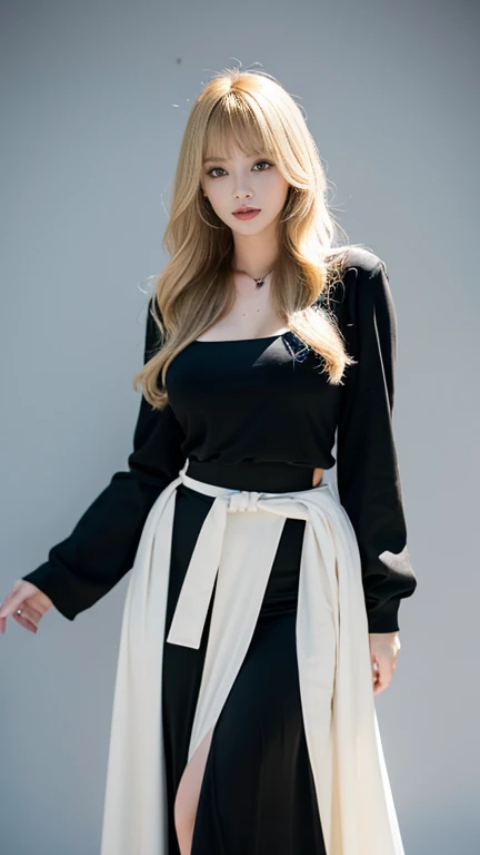 Busty women，Blunt bangs，Thighs，blonde，Voluminous long hair that reaches down to the waist，Wavy long hair，Black maxi skirt，White tube top，Black medium-length coat，