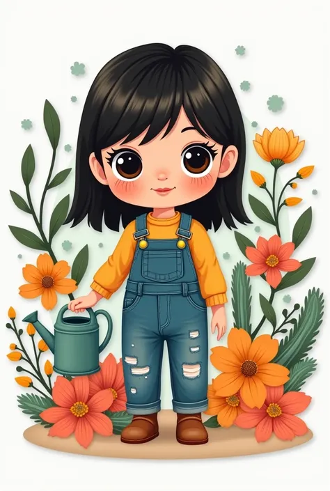 Printable and cut out doll cake topper for printable cake topper, the doll must be wearing overalls and must have straight black hair and be holding a watering can in her hand, she must be brunette and other elements to cut out, also desert flowers and oth...