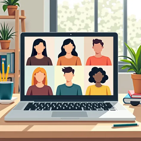 Illustrated image, flat design style, close-up of laptop with video call on the screen, 8K)), flat illustration, close-up of laptop screen, front view, close-up view of multiple profile accounts, beautiful high resolution, simple illustration, clear focus,...