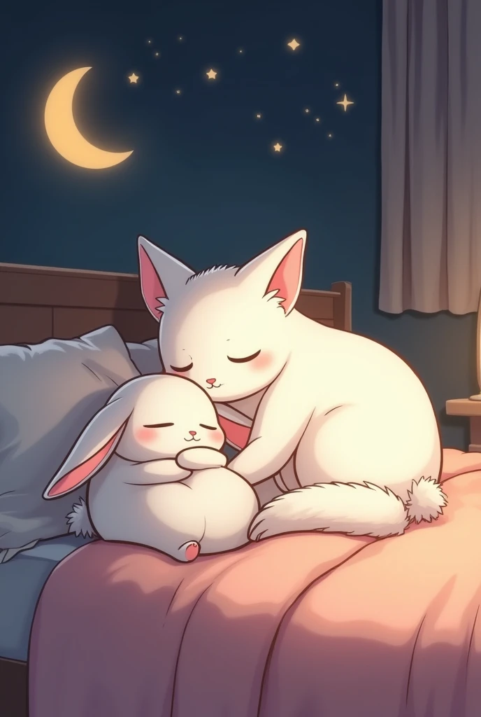 The rabbit and the cat sleep in bed. The cat rumbles. The rabbit is hugging the cat. The rabbit is a white cat, and the cat is a white cat, and the dreamy feeling. Both are cute animation characters, rabbit have big ears, rabbit is female, cat is male, onl...