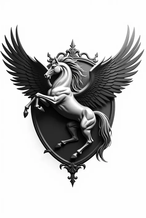 In the image I want an emblem and in that emblem I want a Pegasus and in the right side of the emblem there should be a image in that image it should be written like Dolce Vento with nice font  the background should be in a white and black palette with the...