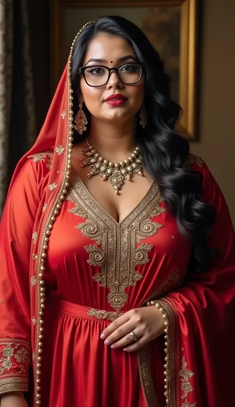 Chubby Himanshi Khurana in shiny gown, Arabi hair scarf, glasses, brown skin, high quality real photo 