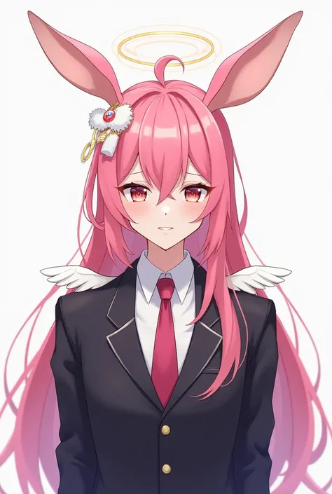 A long-haired, pink-haired male anime character with bunny ears and a suit, small white wings on his back, and a ring on his head. I repeat, a male anime character.