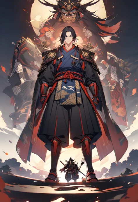 tall guy with blue eyes, black hair, samurai attire, deity