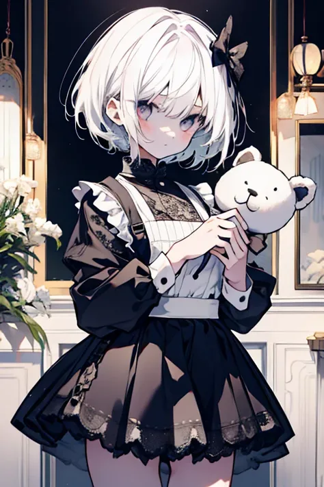 1 girl with short hair、Maid clothes、Miniskirt、Lace fabric、White Hair、Holding a stuffed toy、Mysterious Girl