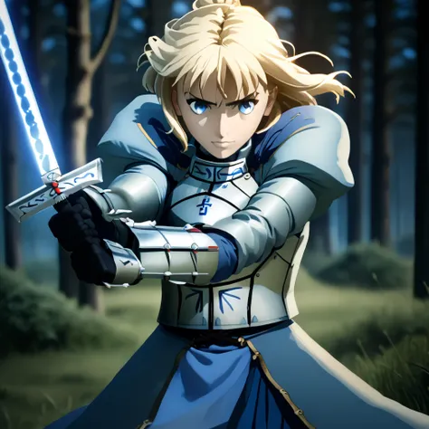 create a highly detailed, lifelike depiction of saber from fate/stay night. she stands heroically in a medieval battleground at ...