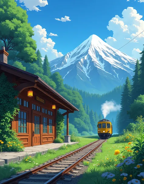 An anime-style scene depicting a tranquil, picturesque train station nestled in a lush, green mountain landscape. The station has a rustic wooden building with ivy creeping up its walls, large windows, and a sloping roof, with warm, glowing lights hanging ...