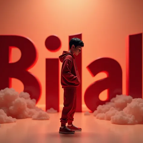 A 3D render  of a young man standing in front of a large red Word "BILAL". The boy is wearing a red sweatshirt, red pants, and red sneakers. He has short, dark hair and is looking down. The background is a gradient of red and beige colors, creating a moody...