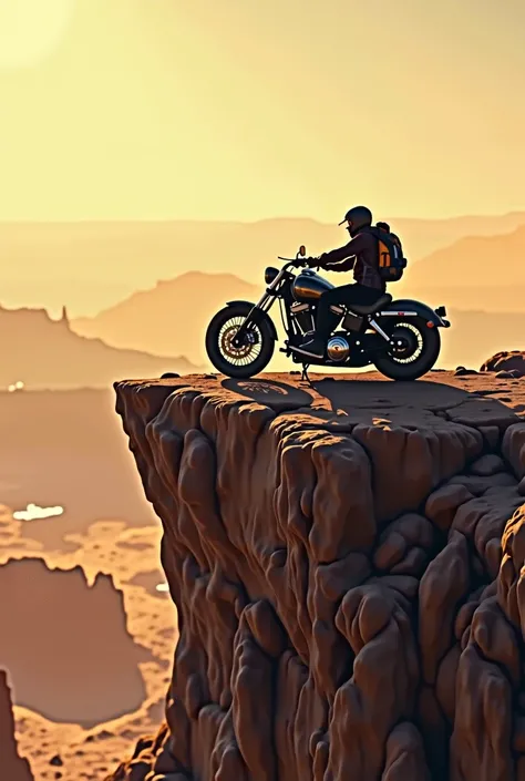 a motorcycle on top of a cliff in the immense, vast and mysterious desert
