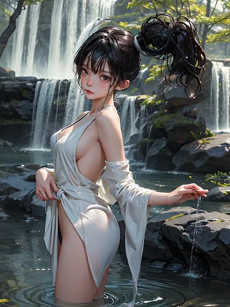 A spring in the forest、The moonlight is shining、Beautiful and Rin々Shii、One girl in the Japan、Black Hair、Small beautiful breasts、The naked body is covered entirely in a very thin, transparent wet cloth.、Tears flowing、Side Ponytail、Small and slender figure、W...