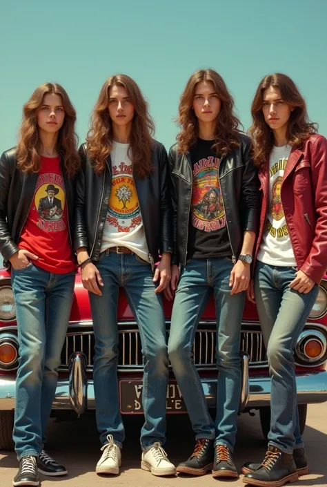 4 young mens with long hair , 80s outfit fashion style,indie style , retro style , vintage style, 80s style, background  60s car, no glasses, the Beatles, led zeppelin, black sabbath,80s