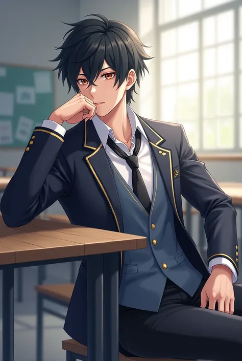 Genshin Ray leans against the table in his school uniform  