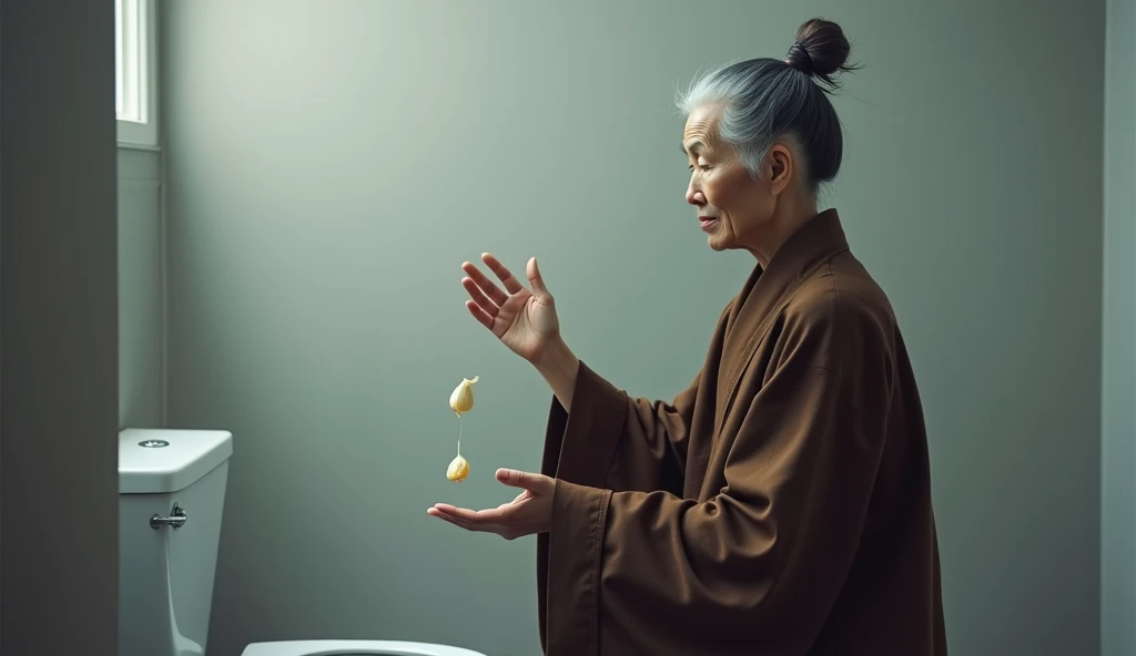 Create a realistic portrait of an elderly Buddhist grandmother with gray hair, standing on the right side of the frame in front of a toilet. She has a calm yet firm expression, and her hand is raised, dropping a clove of garlic into the toilet. The grandmo...