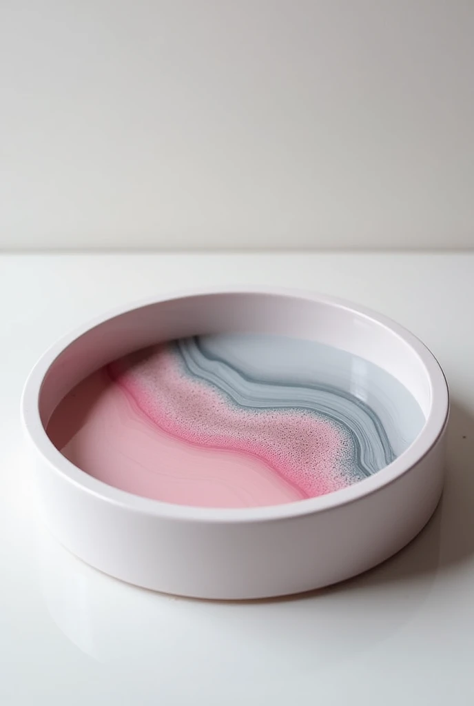 Create resin tray in circle in grey, pink and white color with effects
