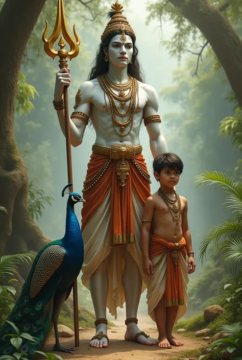 Generate a pic of murugar with peacock murugan is not a peacock  and a boy with the name turrvesh on his shirt make murugan hold a vel the vel should be triagle and murugan should have a peacock standing beside murugan murugan should look like a teenager s...