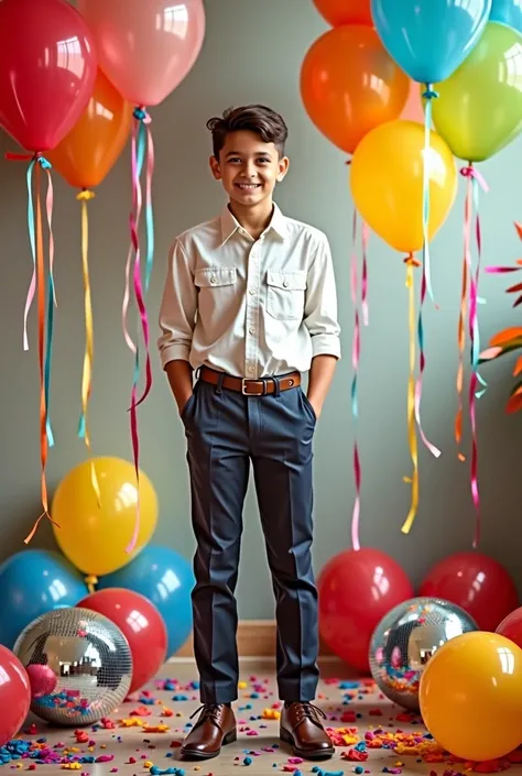 A beautiful photograph of a fifteen-year-old Latino boy celebrating his birthday. her face is perfect. The boy is elegantly dressed in a shirt and trousers and beautiful shoes.. He looks at me with a happy smile. He stands elegantly with his hands in his p...