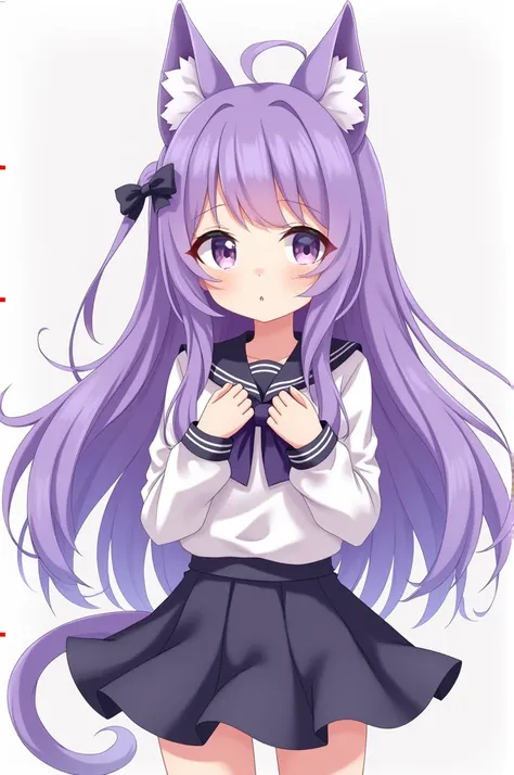 Anime image with long purple hair with sharp eyes, cute face, has cat ears and wears a skirt