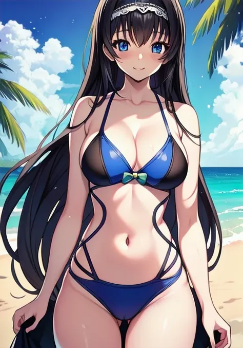 (masterpiece:1.2), (best quality:1.2), (intricate details:1.2), (anime coloring:1.1), Explicit, ((top-quality)), offical art, official style, anime screencap, nsfw, whole body, full body, solo girl, black hair, blue eyes, long hair, big breasts, mature bod...