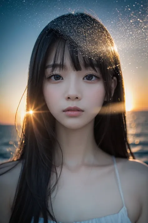 high quality、8K Ultra HD、女神のシルエットとサンセットコーストを組み合わせた美しいDouble Exposure、The Sunset Coast serves as a backdrop.、The details are captured by the Goddess、Crisp lines、The background is monochrome、Sharp focus、Double Exposure、By yukisakura、Amazing full color。