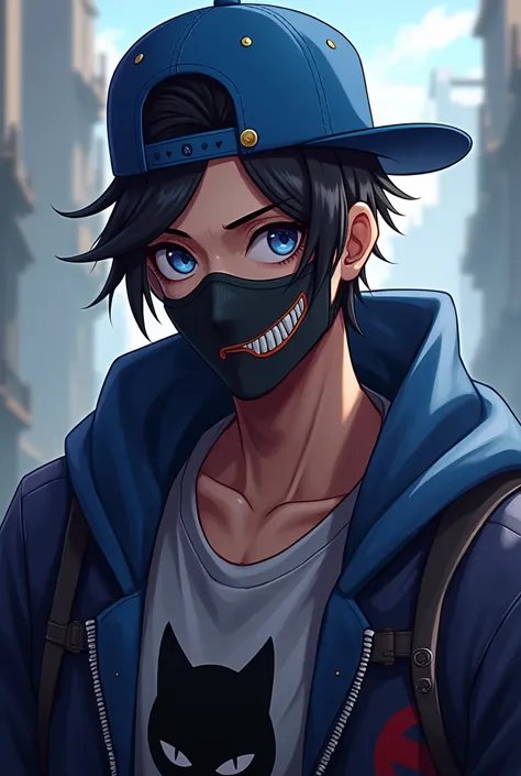 I want a male character with a blue backwards cap, a mask with a scared tooth, a black cat chest in Free Fire