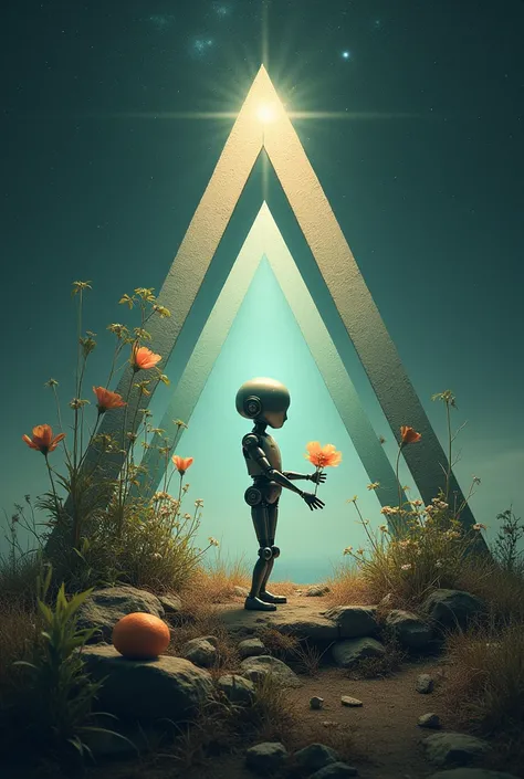 A triangle with its ends cut by 3 words, this one being: celestial body, Bio and Tech and in the center place a little robot holding a little plant tumblr image