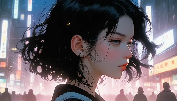 Detailed and detailed depiction, cel style, vivid details, retro anime, 90s anime, VHS picture quality, moody lighting, girl in the twilight of the night city of Tokyo, the girl wears headphones, eyes closed, beautiful black hair with short hair