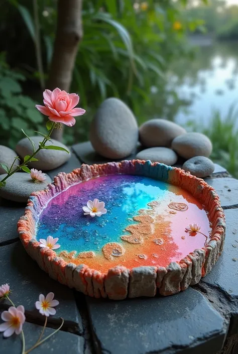 Create a resin tray in unique style and colors aith effects and adda stone on the edges with flowers
